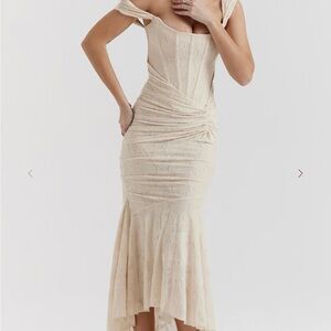 House of CB Cream Ruched Sweetheart Midi Dress